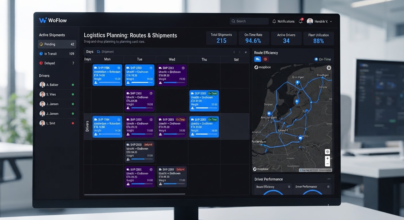 Het WoFlow-dashboard met een sleep-en-plan planbord en logistieke routes in dark mode